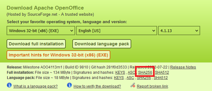 Odkaz na kontrolní součet programu Apache OpenOffice na stránkách vydavatele