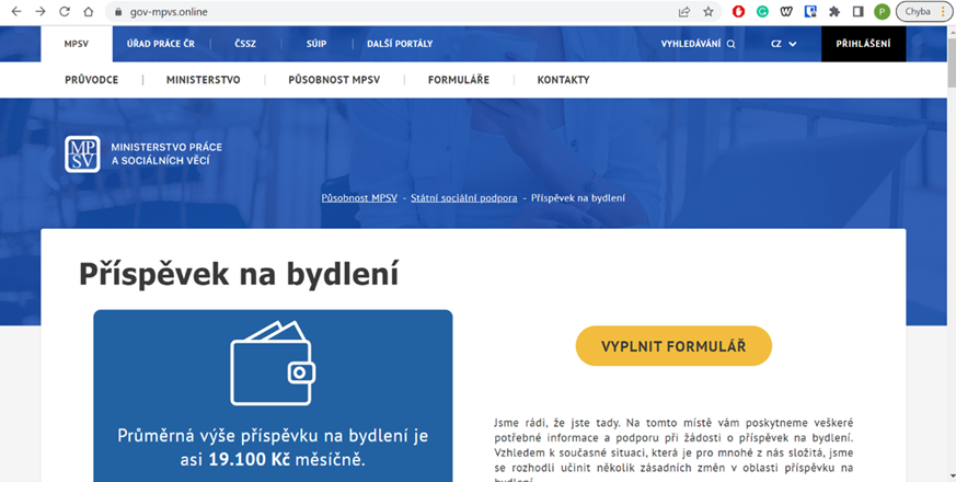Podvržená stránka, která se snaží napodobit oficiální web Ministerstva práce a sociálních věcí