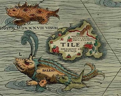 Detail mapy  s vyobrazením bájného ostrova Thule.