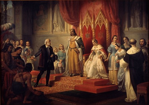 Kryštof Kolumbus na dvoře královny Isabely Kastilské a krále Ferdinanda Aragonského.