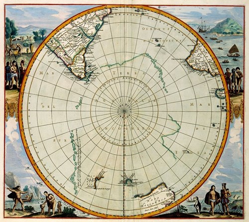 Mapa zachycující předpokládanou polohu a tvar světadílu Jižní země.