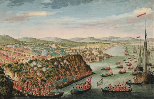 Na obraze je zachyceno obléhání Québecu z roku 1759, kde se na kanadském území střetla britská a francouzská vojska v bojích o nadvládu na tomto území.