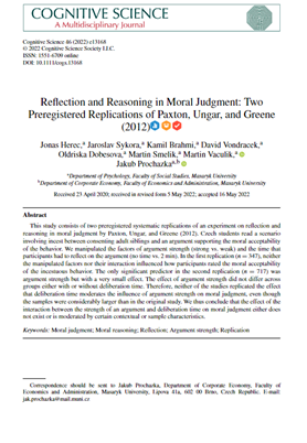 This study consists of two preregistered systematic replications of an experiment on reflection and reasoning in moral judgment by Paxton, Ungar, and Greene (2012). Czech students read a scenario involving incest between consenting adult siblings and an argument supporting the moral acceptability of the behavior. We manipulated the factors of argument strength (strong vs. weak) and the time that participants had to reflect on the argument (no time vs. 2 min). In the first replication (n = 347), neither the manipulated factors nor their interaction influenced how participants rated the moral acceptability of the incestuous behavior. The only significant predictor in the second replication (n = 717) was argument strength but with a very small effect. The effect of argument strength did not differ across groups either with or without deliberation time. Therefore, neither of the studies replicated the effect that deliberation time moderates the influence of argument strength on moral judgment, even though the samples were considerably larger than in the original study. We thus conclude that the effect of the interaction between the strength of an argument and deliberation time on moral judgment either does not exist or is moderated by certain contextual or sample characteristics.