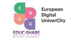 Logo European Digital UniverCity s překrývajícími se barevnými kruhy a textem.