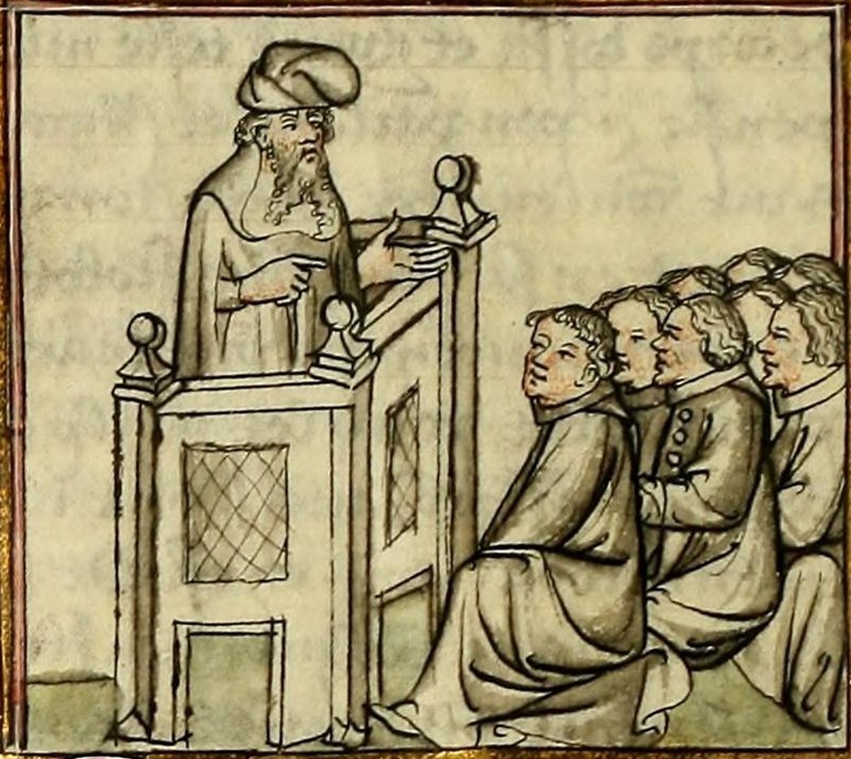 Pitagora insegna ai suoi allievi. Guillaume de Tignonville, Dits des philosophes. Boston Public Library, Med. 91, c. [12v].