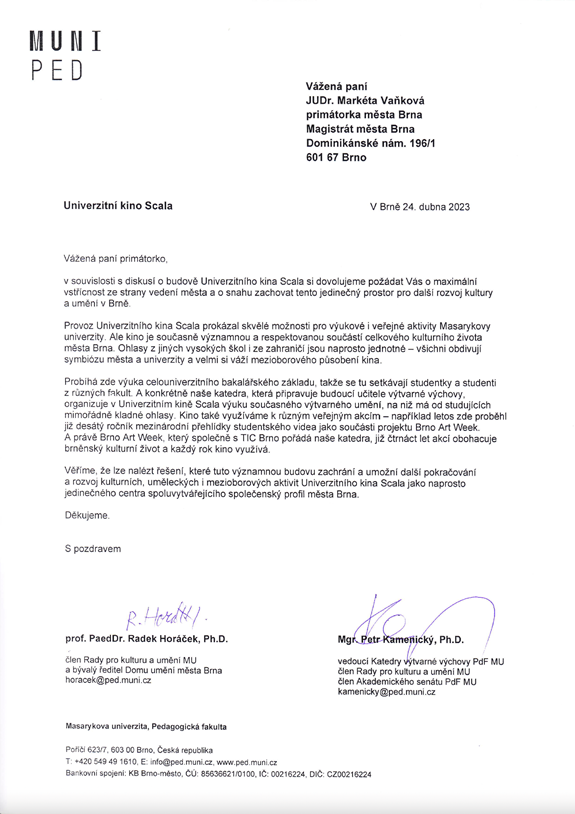 Otevřený dopis Katedry výtvarné výchovy PdF MU primátorce města Brna ze dne 24.4.2023