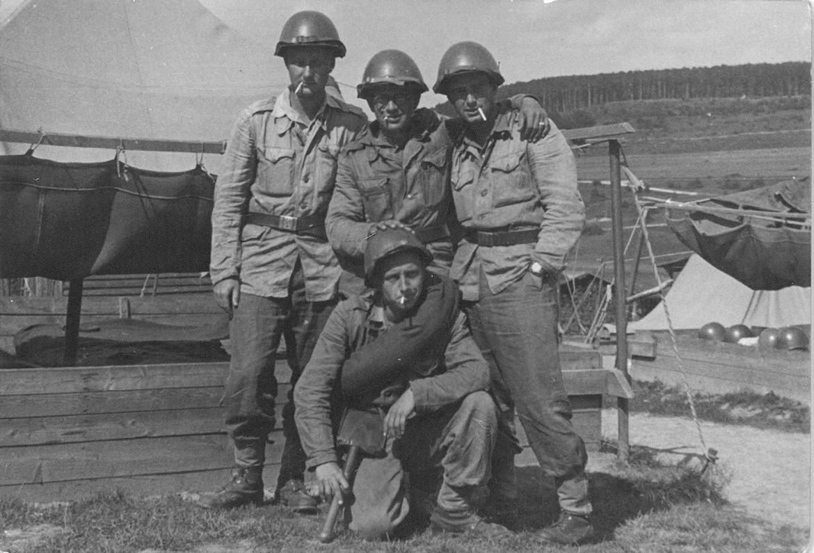 Holiday camp of the Military Department of the Faculty of Medicine of Masaryk University on Turecký vrch near Malácek, 1957. Karel Kalla on the left.