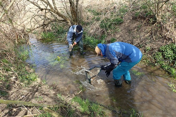 Limnologists from the Department of Botany and Zoology, Faculty of Science at Masaryk University, collecting samples of aquatic invertebrates and installing dataloggers to stream. Photo: Petr Pařil