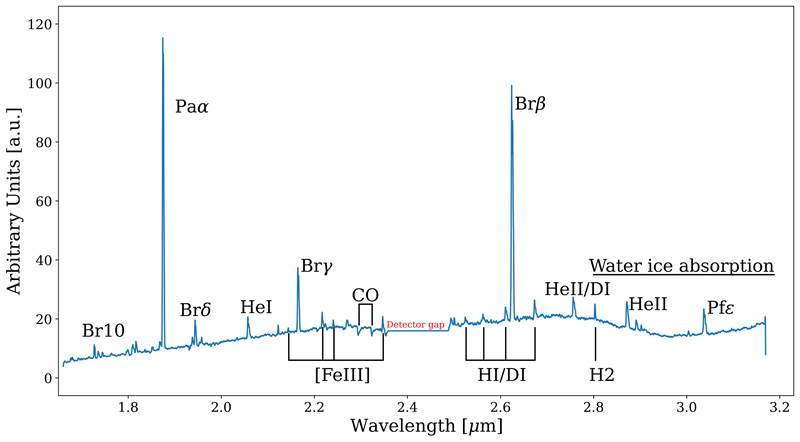 Infrared spectrum obtained with the James Webb Space Telescope (NIRSpec) between 1.5 and 3.2 micrometers. The spectrum shows prominent emission lines belonging to ionized hydrogen and helium. Absorption bands belonging to the CO molecule and water ice reveal cooler material surrounded by dominantly ionized material.  Source: Astrophysical Journal (Peissker et al., 2023)