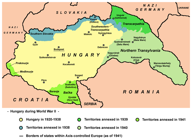 Území získaná Maďarskem v letech 1938–1941, zisky z první vídeňské arbitráže v modré barvě. Foto 2: Map of territories annexed by Hungary in 1938-1941. https://commons.wikimedia.org/wiki/File:Hungary_in_1941_with_territories_annexed_in_1938-1941.png