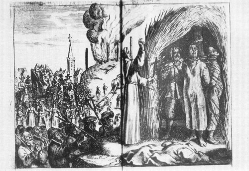 Ilustrace zachycující upálení čarodějnic.