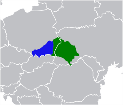 Západní Halič (modře) na nynější mapě Evropy