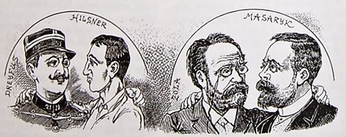 Dobová karikatura připomínající podobnost s francouzským Dreyfusovým procesem.