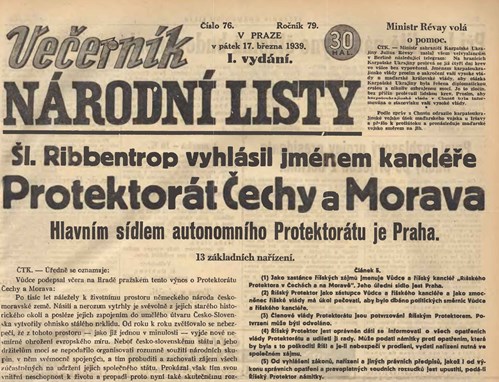 Vyhlášení Protektorátu Čechy a Morava v dobovém tisku.