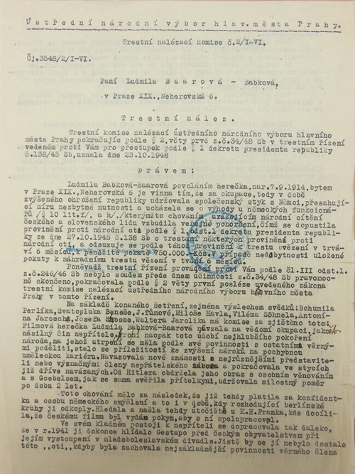 Trestní nález Trestní nalézací komise Ústředního národního výboru Hlavního města Prahy nad herečkou Lídou Baarovou (1948).
