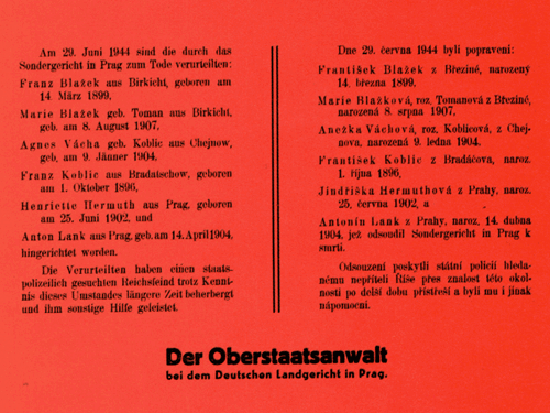 Plakát, který v němčině a češtině oznamoval jména těch, kteří byli popraveni (1944).