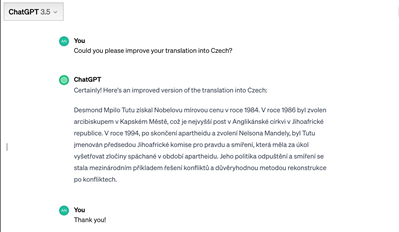 Vylepšený překlad textu z angličtiny do češtiny v chatbotu ChatGPT.