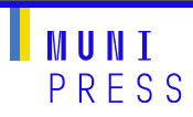 Logo s názvem "MUNI PRESS" v modrém písmu s žluto-modrým pruhem vlevo.