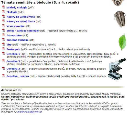 Materiály pro výuku biologie: Příklad témat semináře z biologie, zdroj: Gymnázium Milady Horákové