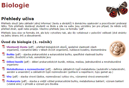 Materiály pro výuku biologie: Příklad témat úvodu do biologie (1. ročníku), zdroj: Gymnázium Milady Horákové