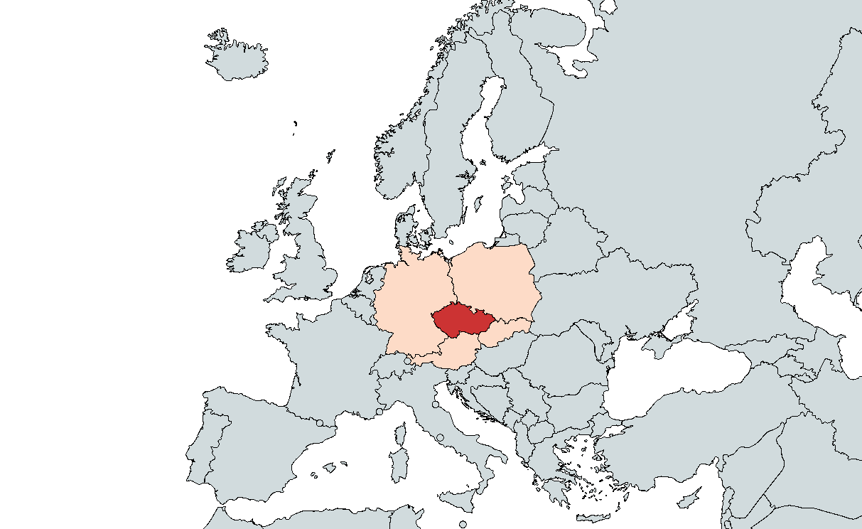 Ukázka mapy Evropy vytvořené v aplikaci se zaznačenou Českou republikou a sousedními státy, zdroj: Map Chart