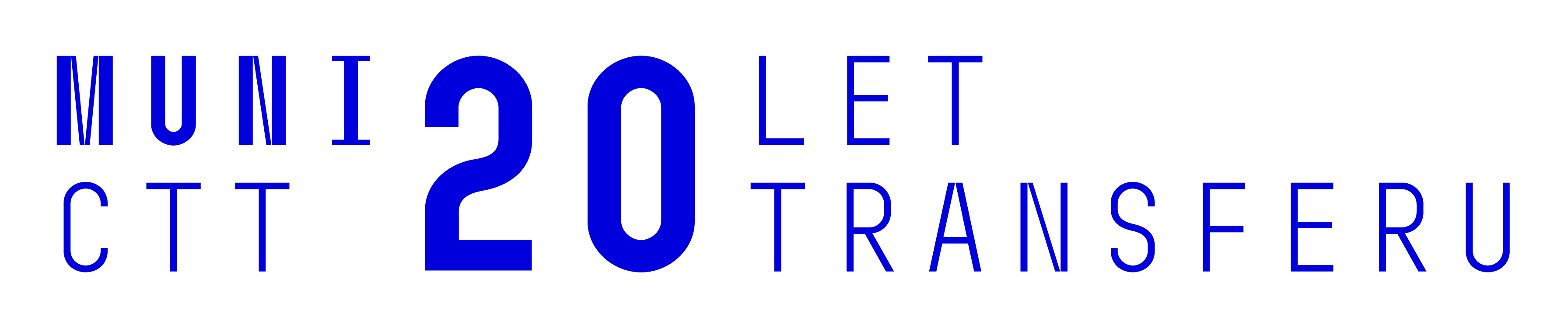 Modré textové logo s nápisem "MUNI CTT 20 LET TRANSFERU".