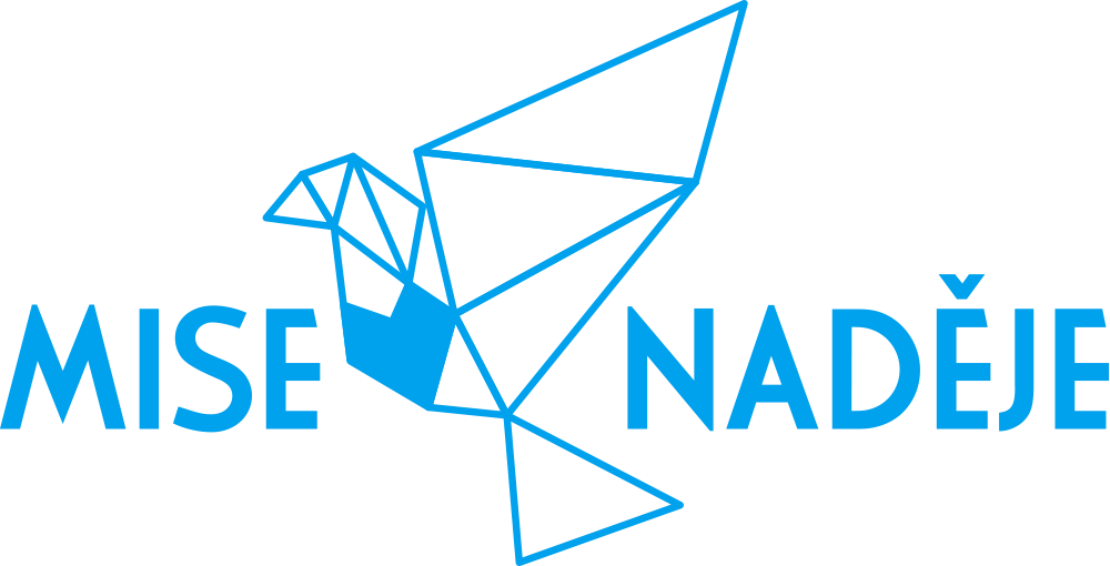 Logo organizace "Mise naděje" s abstraktním modrým origami ptákem na černém pozadí.