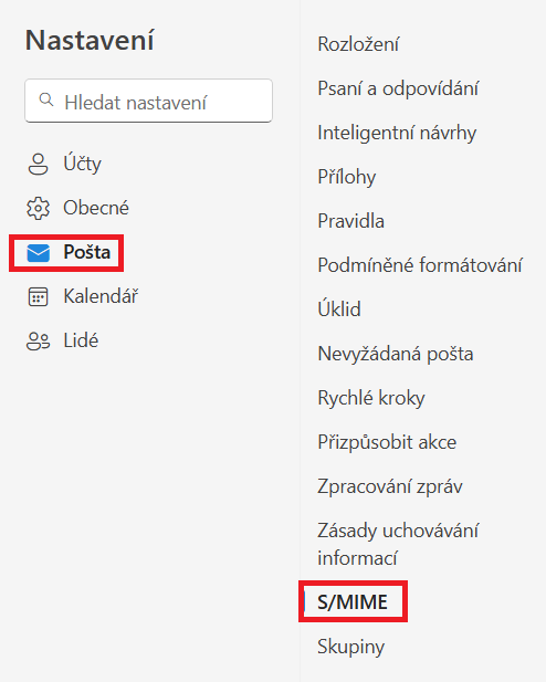 Snímek obrazovky zobrazující rozhraní nastavení e-mailového klienta s vybranou záložkou "Pošta".