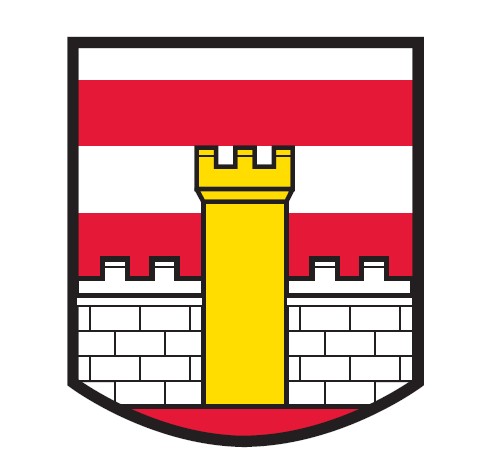 Červeno-bílý erb s žlutou věží a stříbrnými hradbami.