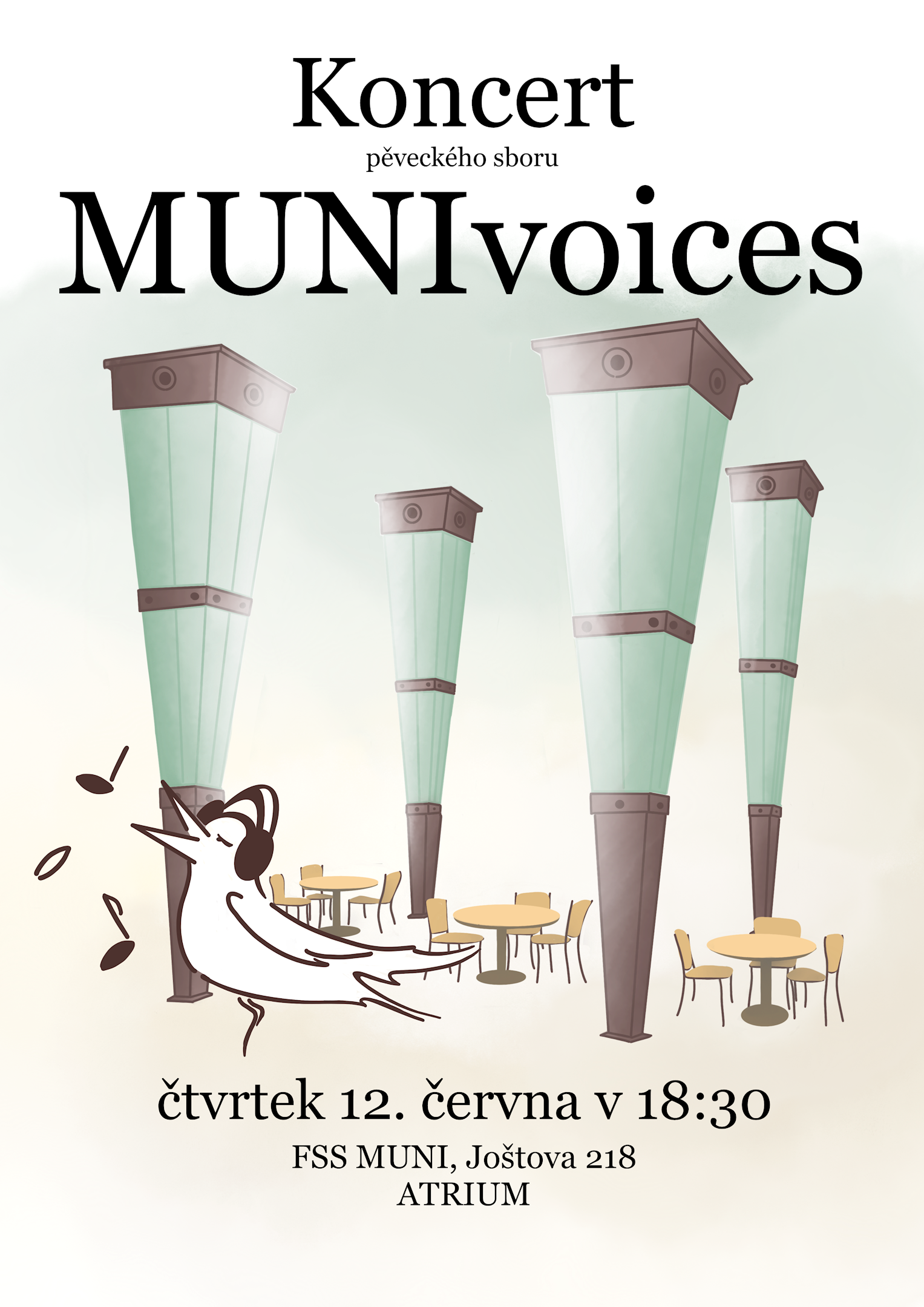 Poster for the MUNIvoices choir concert featuring an illustrated bird singing with large microphones overhead and cafe tables in the background.