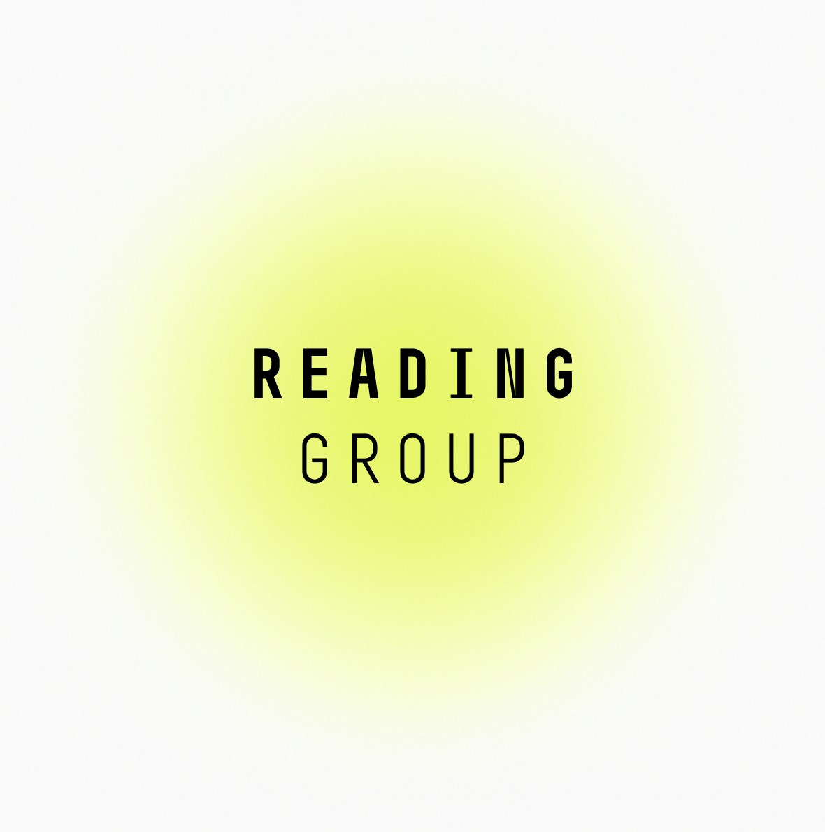 Černý text "READING GROUP" na žlutém pozadí s gradientem.