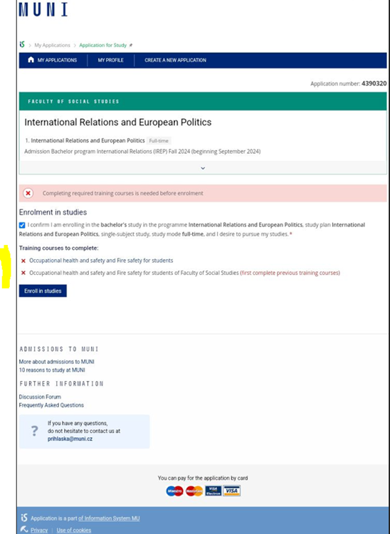 A screenshot of a university application webpage for the International Relations and European Politics program, highlighting sections for application details, enrollment confirmations, and required training courses prior to enrollment.