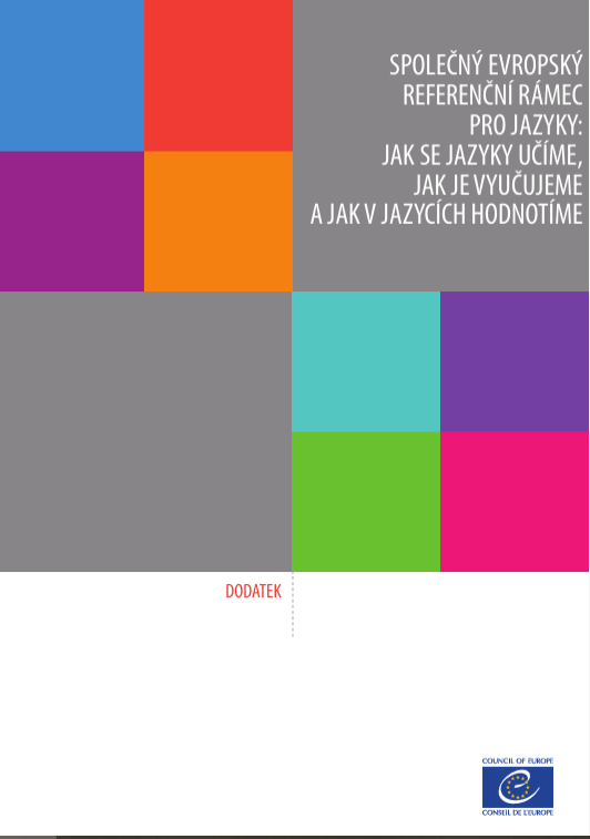 Obálka dokumentu s barevnými čtverci a textem "Společný evropský referenční rámec pro jazyky: Jak se jazyky učíme, jak je vyučujeme a jak v jazycích hodnotíme".