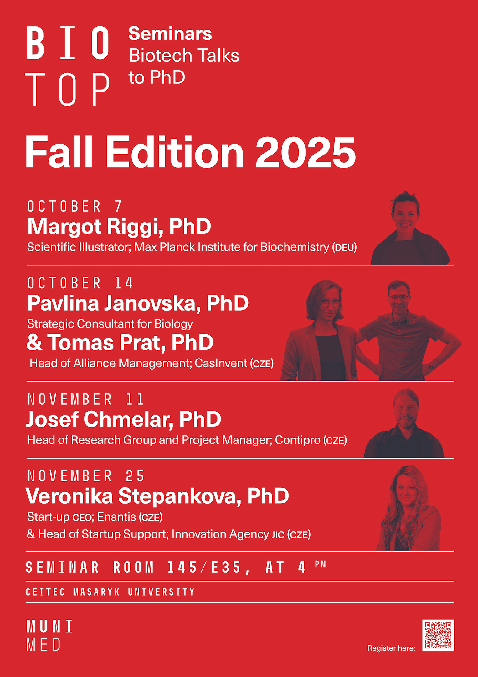 Poster of BIOTOP Top 10 Biotech Talks, Fall Edition 2025, featuring a red design with silhouettes of various speakers. The poster lists several seminars with dates and presenters' names, scheduled at Seminar Room 145/E35, CEITEC Masaryk University. Also includes a QR code for registration.