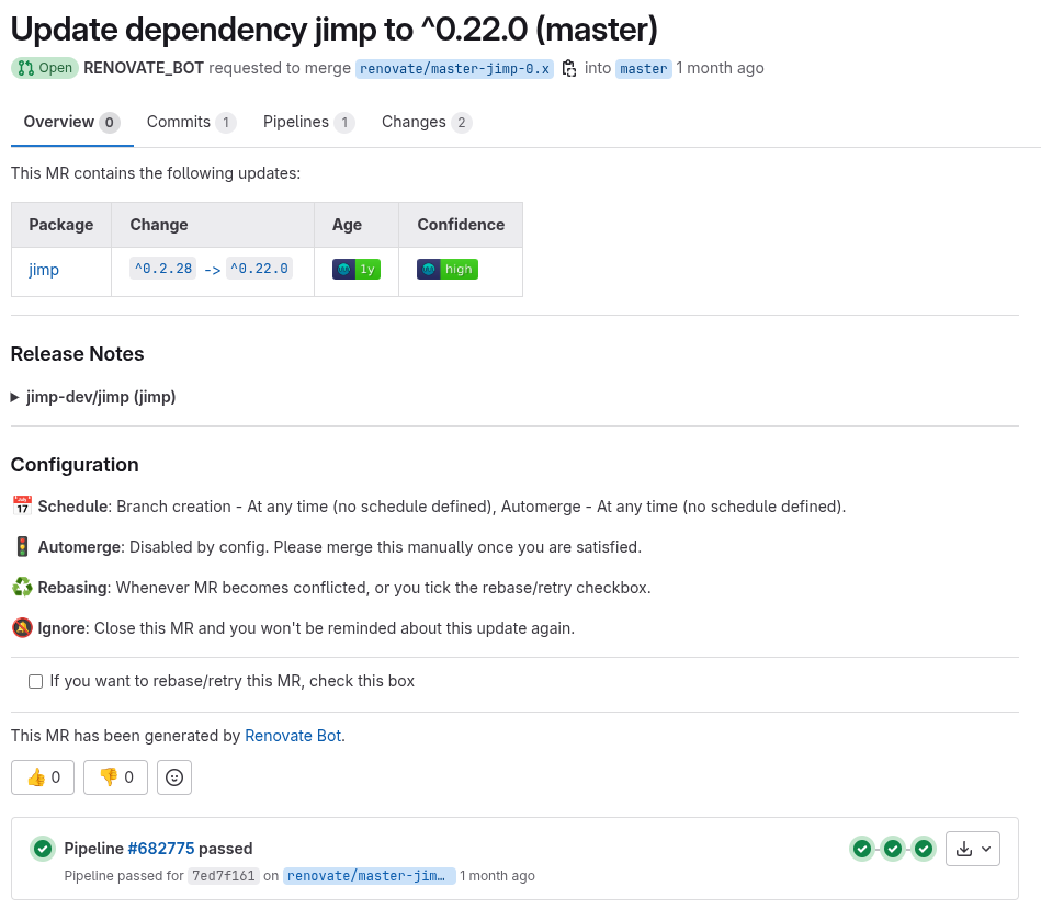Snímek obrazovky z webové stránky pro správu softwaru, zobrazující aktualizaci závislosti pro software s názvem "jimp" na verzi "0.22.0" s vysokou mírou důvěry v aktualizaci.