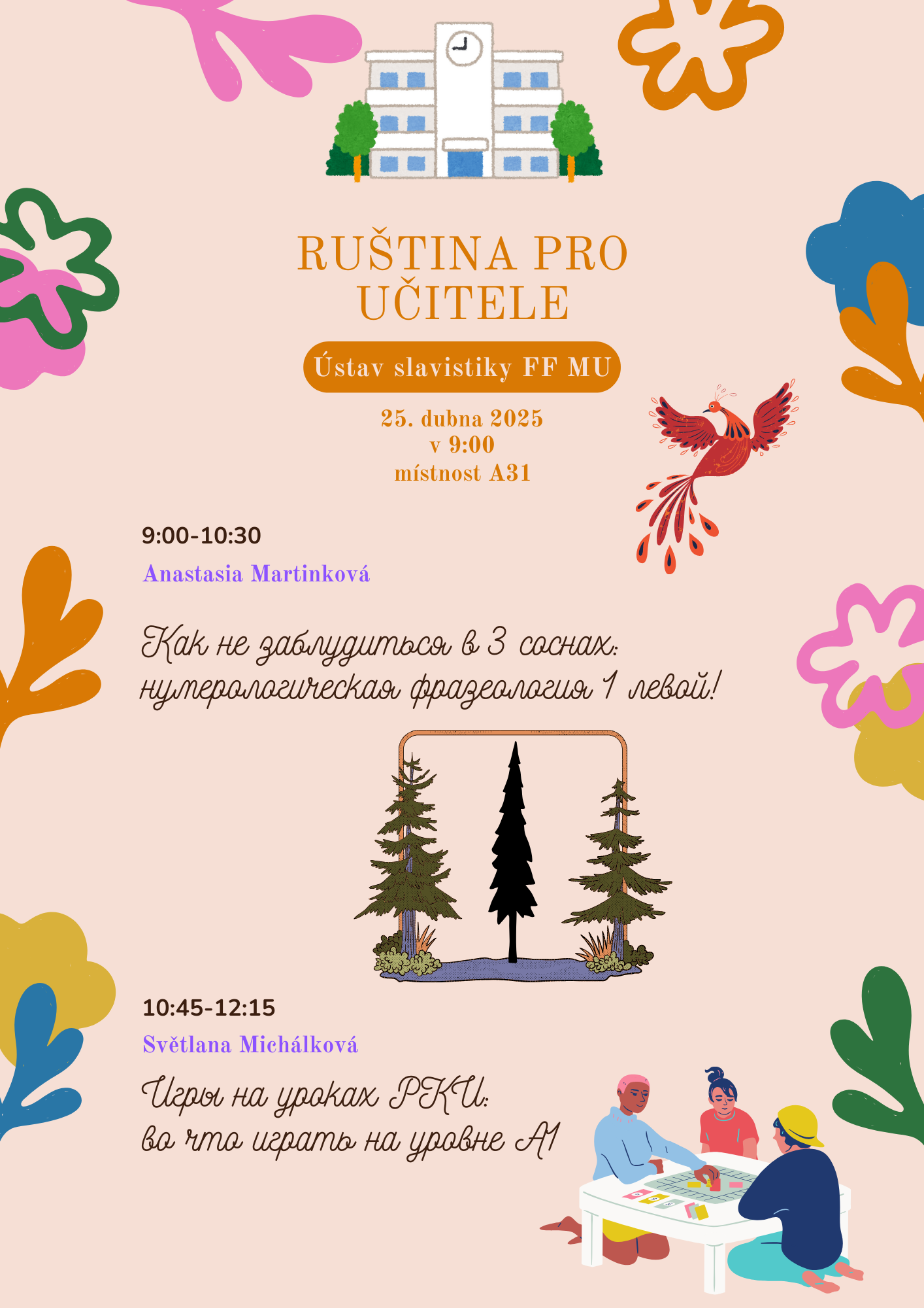 Plakát k propagaci kurzu "Ruština pro učitele" s ilustracemi lidí a detaily kurzu, včetně data a místa konání.