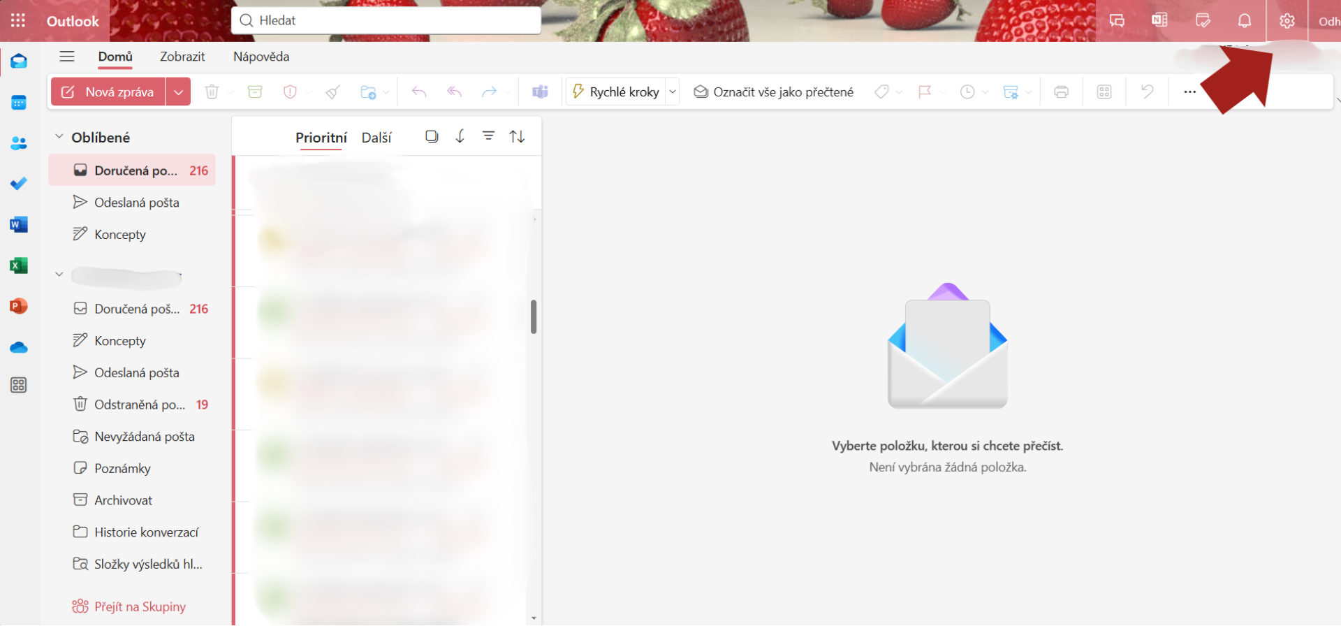 Snímek obrazovky e-mailového klienta Outlook s otevřeným prázdným prioritním panelem a výzvou k výběru položky pro zařazení do priorit.