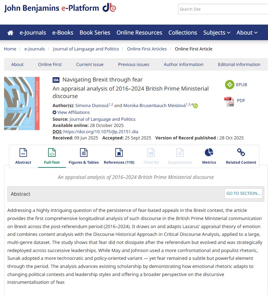 Simona Dianová and Monika Brusenbauch Meislová Publish a New Article ‘Navigating Brexit through Fear’ in Journal of Language and Politics