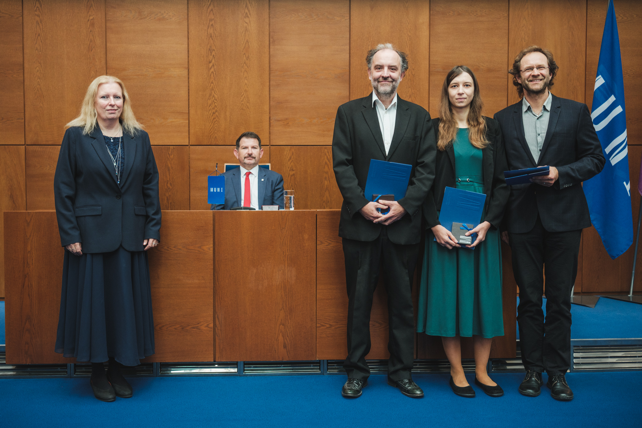 From left: Vice-Rector Šárka Pospíšilová, Jan Sychra, Alžbeta Devánová, and Michal Horsák.