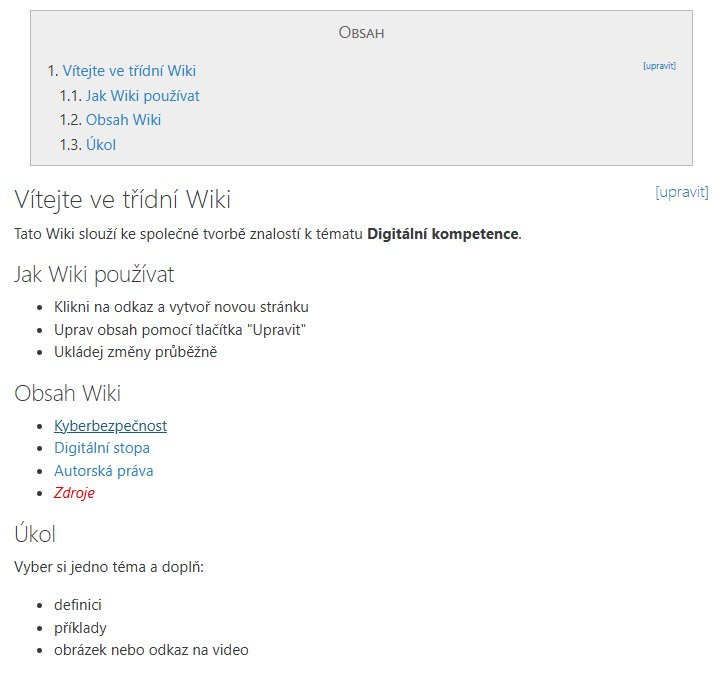 Ukázka hlavní stránky wiki