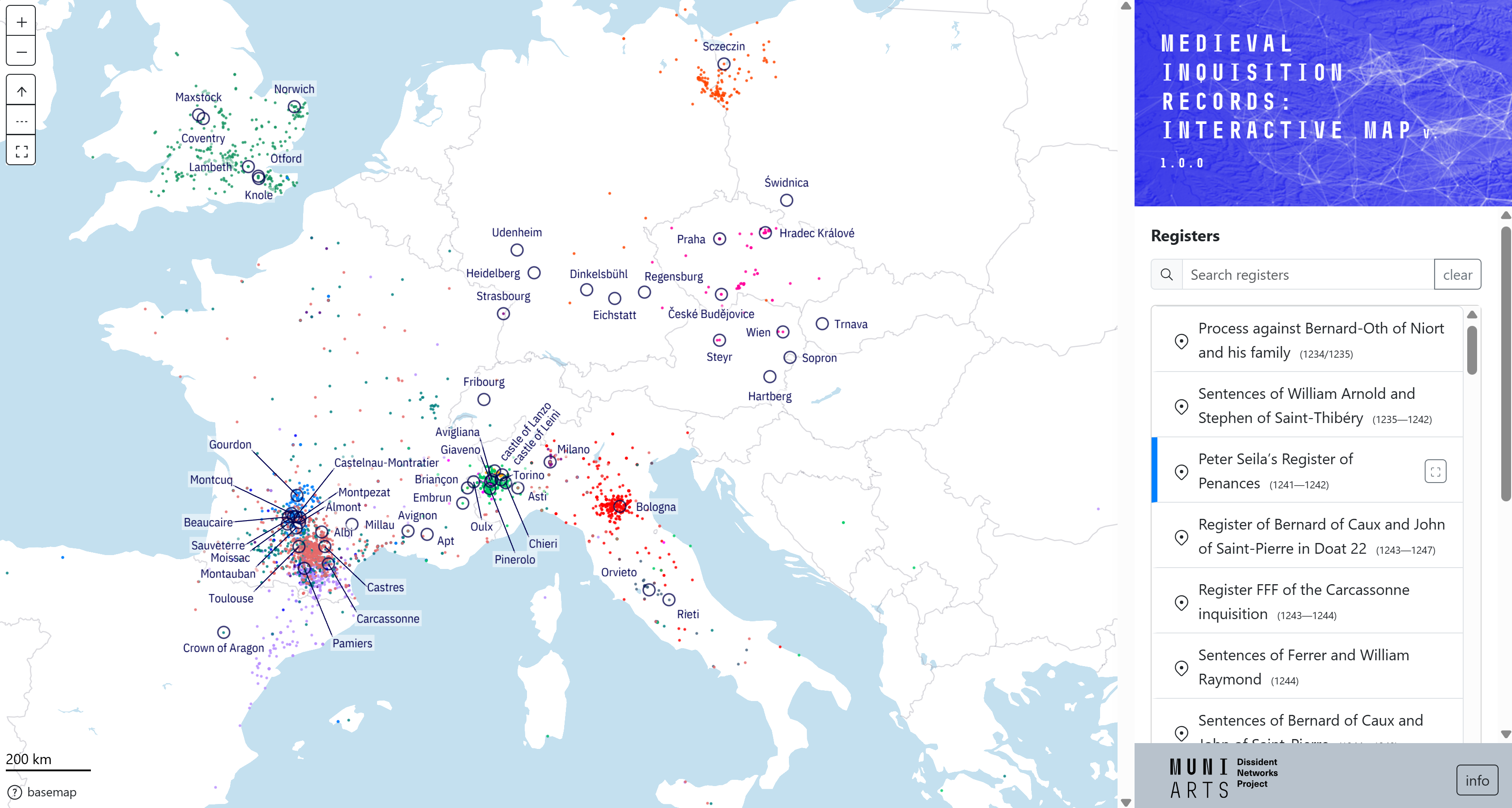 Medieval inquisition records: interactive map and metadata